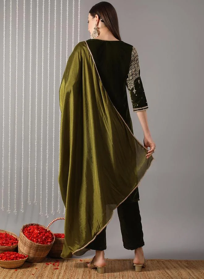 globus Women Green Ethnic Print Straight Kurta with Pant and Dupatta Set